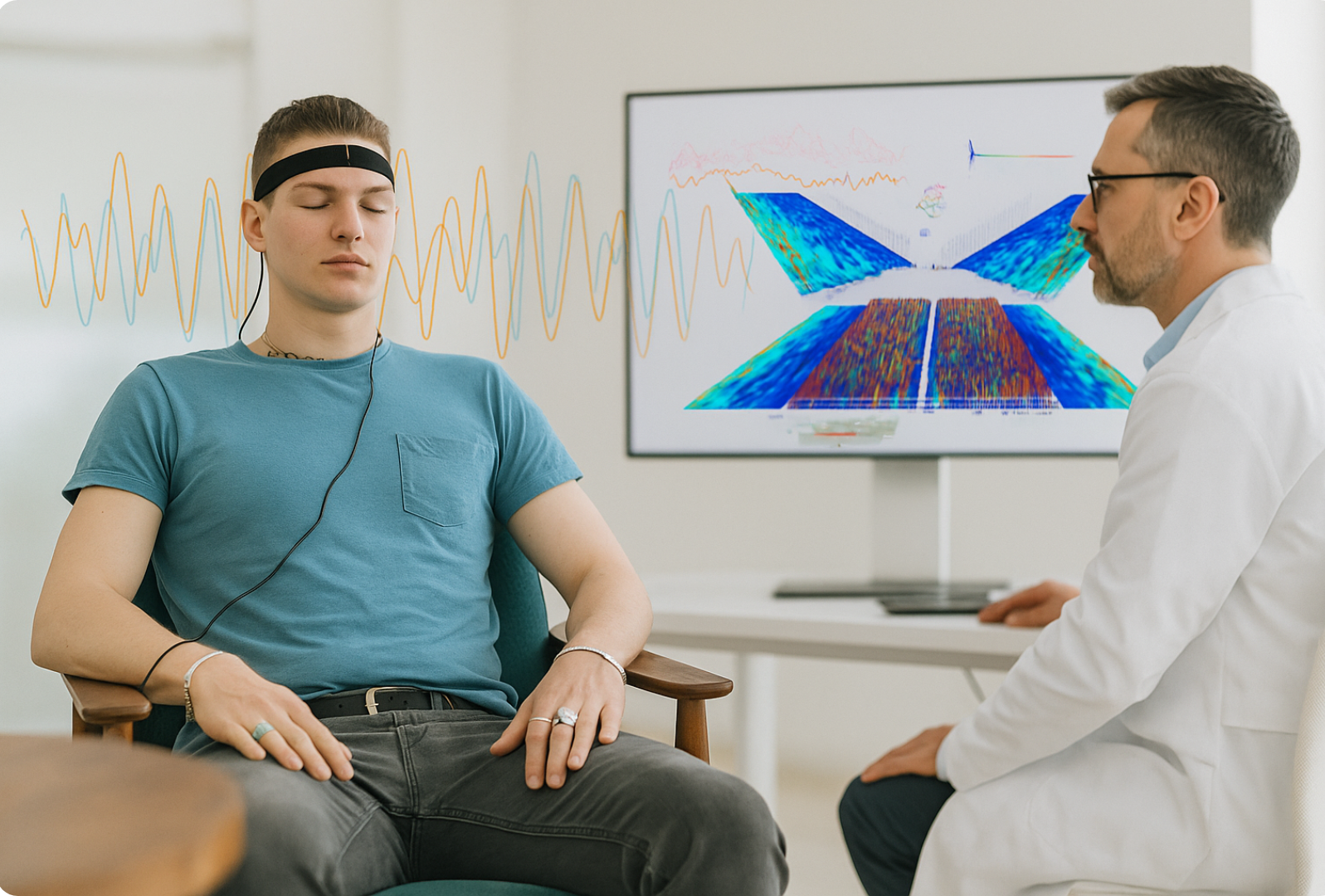 Therapeut mit EEG-Hypnose-Setup